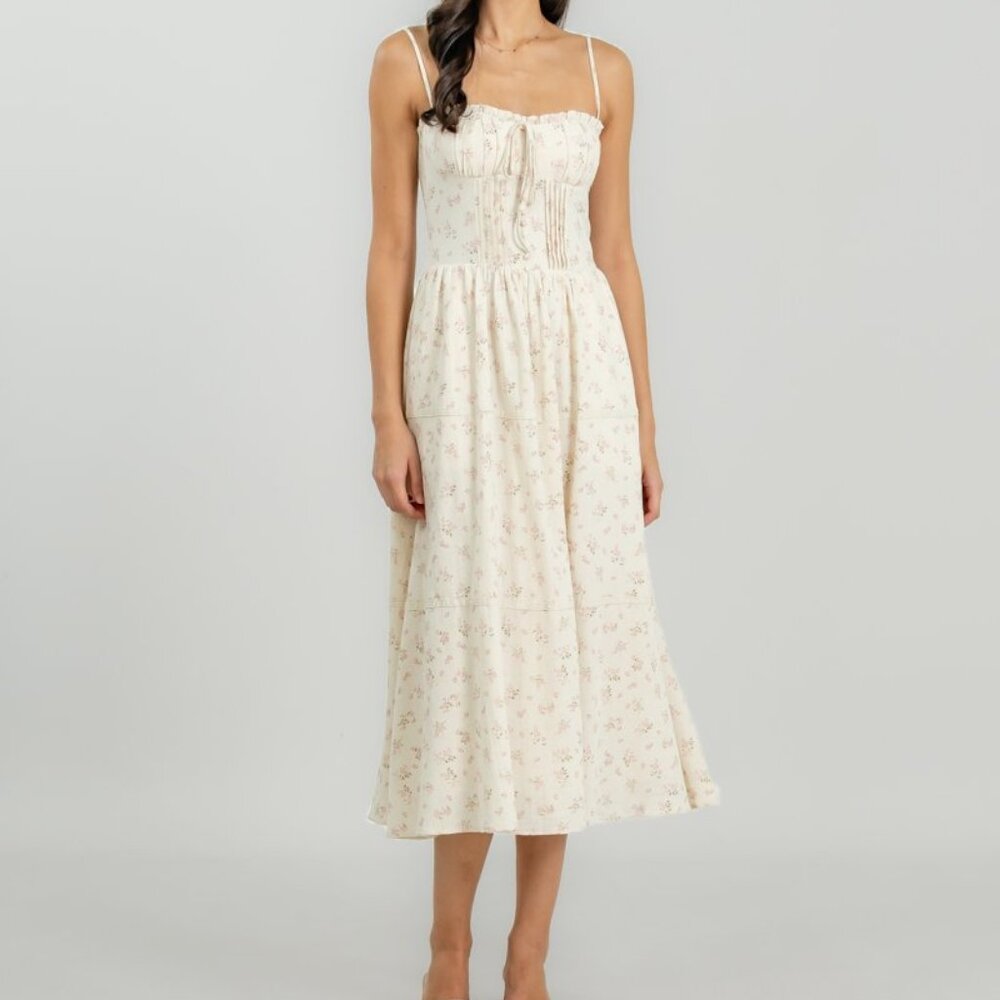 Romantic Cottagecore Prairie Chic Midi Dress in Pink Floral